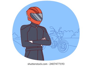 Biker in clothes for professional riding motorcycle and protective helmet covering face and eyes. Human with bike for extreme racing stands on road and looks into distance. Flat vector design