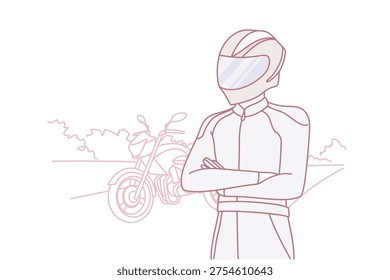 Biker in clothes for professional riding motorcycle and protective helmet covering face and eyes. Human with bike for extreme racing stands on road and looks into distance. Flat vector design