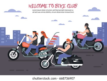 Biker club background with men women riding motorbikes in the city flat vector illustration