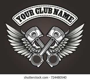 Biker club emblem. Motor club winged pistons vintage label. Vector illustration