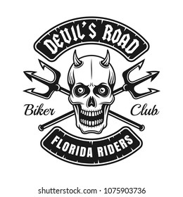 Biker club emblem or shirt print with devil skull and two crossed tridents vector illustration isolated on white background