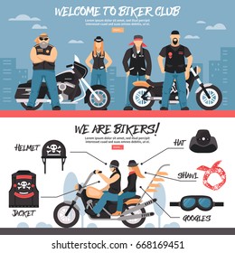 Biker club horizontal banners set with equipment symbols flat isolated vector illustration 