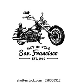 Biker club logo. Vector hand drawn motorcycle in ink style. Vintage detailed chopper illustration for custom company, store, MC sign, garage label etc.