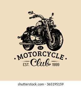 Biker club logo. Vector hand drawn motorcycle for MC sign, label. Vintage detailed bike illustration for custom company, chopper garage poster, card.