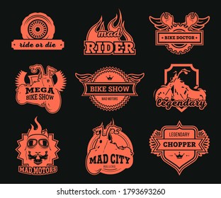 Biker club logos set. Red motorcycles, wheel and spanners, eagle wings and rider glasses isolated illustrations. For motorbike show, racing, repair service label templates