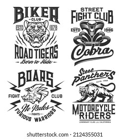 Club de ciclismo, carreras de motocicletas y huellas de camisetas de pelea callejera, vector. Deportes de motor, club de ciclistas y mascotas deportivas de caza de tigre, pantera y cobra con jabalí para camisetas