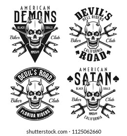 Biker club set of four vector monochrome emblems, badges, labels or t shirt prints with horned skull isolated on white background