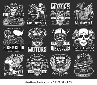 Biker club skull emblems, motorcycle races and speedway sport rides, vector icons. New York biker club route and custom chopper garage emblem, helmet on wing and moto parts shop or engine service sign