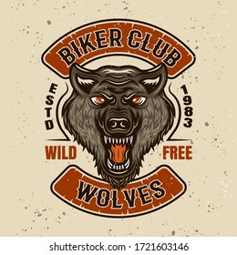 Biker club vector colored patch or emblem with wolf head. Layered illustration with removable grunge textures