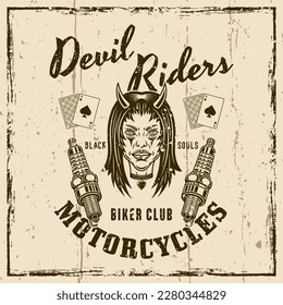 Biker club vector emblem, logo, badge, label, sticker or print with devil girl head and spark plugs. Illustration on background with grunge textures