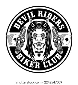 Biker club vector round emblem, logo, badge, label, sticker or print with devil girl head and spark plugs. Illustration in monochrome style isolated on white background