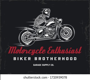 Biker club vintage label with inscriptions and skeleton motorcyclist in helmet and goggles riding motorbike isolated vector illustration