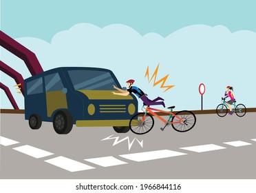 A biker collided with a van on a highway. Editable Clip Art.