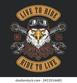 Biker community colorful vintage poster with eagle and crossed wrenches with words live to ride vector illustration