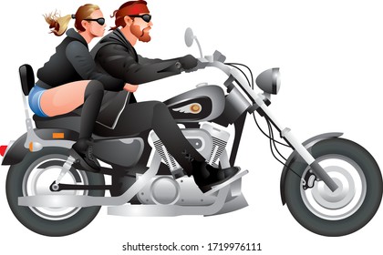 Biker couple riding motorcycle, modified custom bike, Chopper motorbike, American road motor show realistic vector illustration