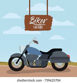 biker culture poster with classic vintage motorcycle with blue fuel tank vector illustration