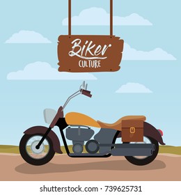 biker culture poster with classic vintage motorcycle with leather bag and yellow fuel tank vector illustration