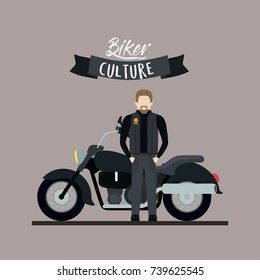 biker culture poster with man and classic motorcycle with black fuel tank and thistle color background vector illustration
