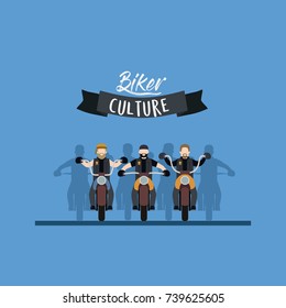 biker culture poster with motorcyclists gang in blue background vector illustration