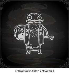 Biker. Cute Hand Drawn Vector illustration, Vintage Blackboard Texture Background. Chalkboard illustration variant.