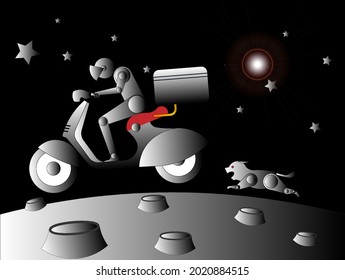 biker delivery in space running dog chase bite