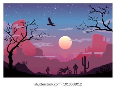 Biker in the desert looks at the sunset sky with clouds. Vector flat color illustration