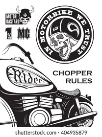 Biker design elements. Contour ink drawing motorbike, skulls, helmets, signs and slogans. Detailed illustration.