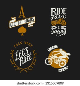 Conjunto de camiseta de diseño de motorista: carrera de carreteras, paseo rápido, muere joven, joder trabajo - vamos a correr, mantenerse salvaje. Conjunto de impresión de motocicleta.