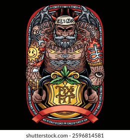 The Biker Devil has a big and muscular body, his whole body is covered in tattoos, and his face is fierce and firm.
