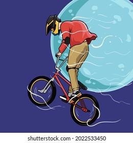 Biker Doing a Jump Style on Blue Full Moon Concept Vector Illustration. Bike Freestyle Men Jumping Concept