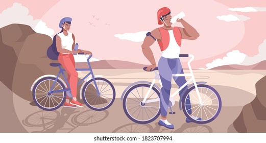 Beber en bicicleta agua composición plana con la pareja en el viaje en bicicleta parada para descansar ilustración vectorial