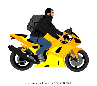 Biker driving a motorcycle rides along the asphalt road vector illustration isolated. Freedom activity. Road travel by bike. Man on motorcycle with backpack. Boy motorbike rider. Freedom independence.