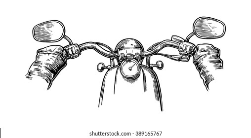 Biker driving a motorcycle rides. First-person view. Vector engraved illustration isolated on white background. For web, poster club.