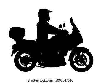 Biker driving a motorcycle rides on asphalt road vector silhouette illustration. Freedom activity. Road travel by bike. Man on motorcycle with helmet silhouette. Boy motorbike rider. Freedom concept.