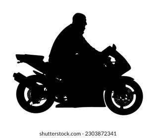 Biker driving a motorcycle rides on asphalt road vector silhouette illustration isolated. Freedom activity. Road travel by bike. Man on motorcycle shape shadow. Boy motorbike rider. Freedom concept.