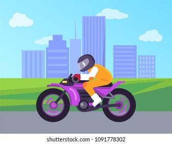Biker driving on cute motorbike on cityscape background and skyscrapers vector illustration rider member of motorcycle club takes part in competition