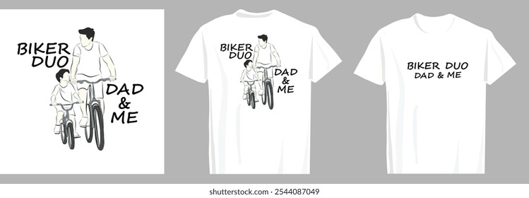 Biker duo dad and me design with illustration of a child and father cycling. Vector illustration design for fashion graphics, t shirt prints, tees, posters, stickers.