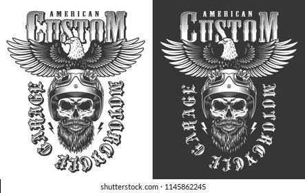 Biker emblem with eagle and skull. Vector illustration