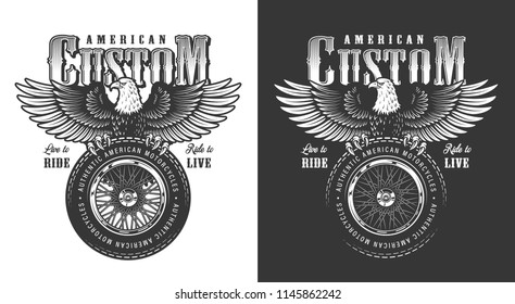 Biker emblem with eagle. Vector vintage illustration