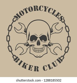 Biker emblem. Skull with keys. Text and chain.