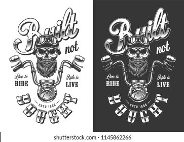 Biker emblem with skull in monochrome style. Vector illustration