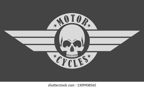Biker emblem skull wings and text on gray background