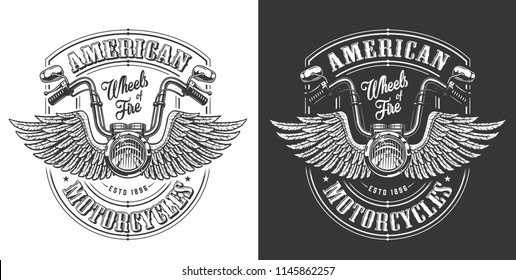 Biker Emblem With Wings And Handle Bar. Vector Illustration