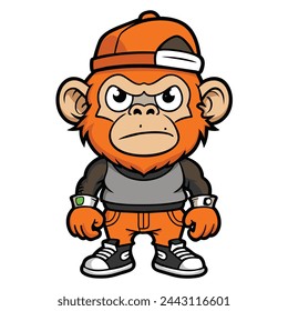 Biker, evil, angry, cunning, but cute orangutan, chimpanzee in shorts and a T-shirt, with a cap on his head, on a white background