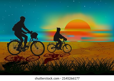 Biker family bicycle trip on sundown.Silhouette father and kid riding bicycle on beach under sunset sky.Evening seaside landscape and cyclists at seashore.Concept friendly family and father day.Vector