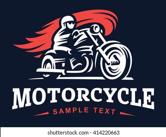 Biker, fire, motorcycle, retro emblem and label on dark background
