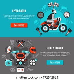 Biker flat horizontal banners with speed racer shop and service design compositions vector illustration 