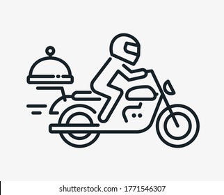 Biker Food Delivery Line Icon With Fast Courier On Classical Motorcycle For Website