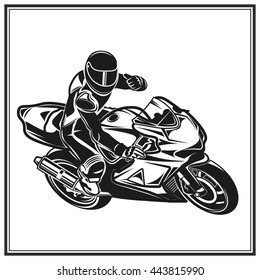 Biker fun riding a motorcycle monochrome vector illustration