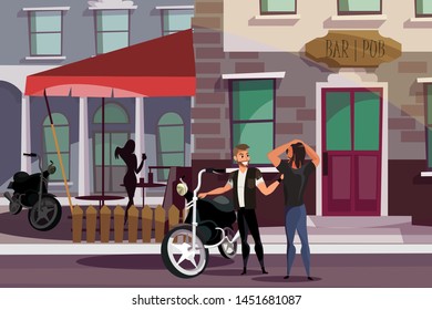 Biker Gang Outside Bar Flat Vector Illustration. Happy Men And Woman In Black Leather Jackets Cartoon Characters. Motorcyclist Club Members, People With Motorcycles On Street. Carefree Lifestyle